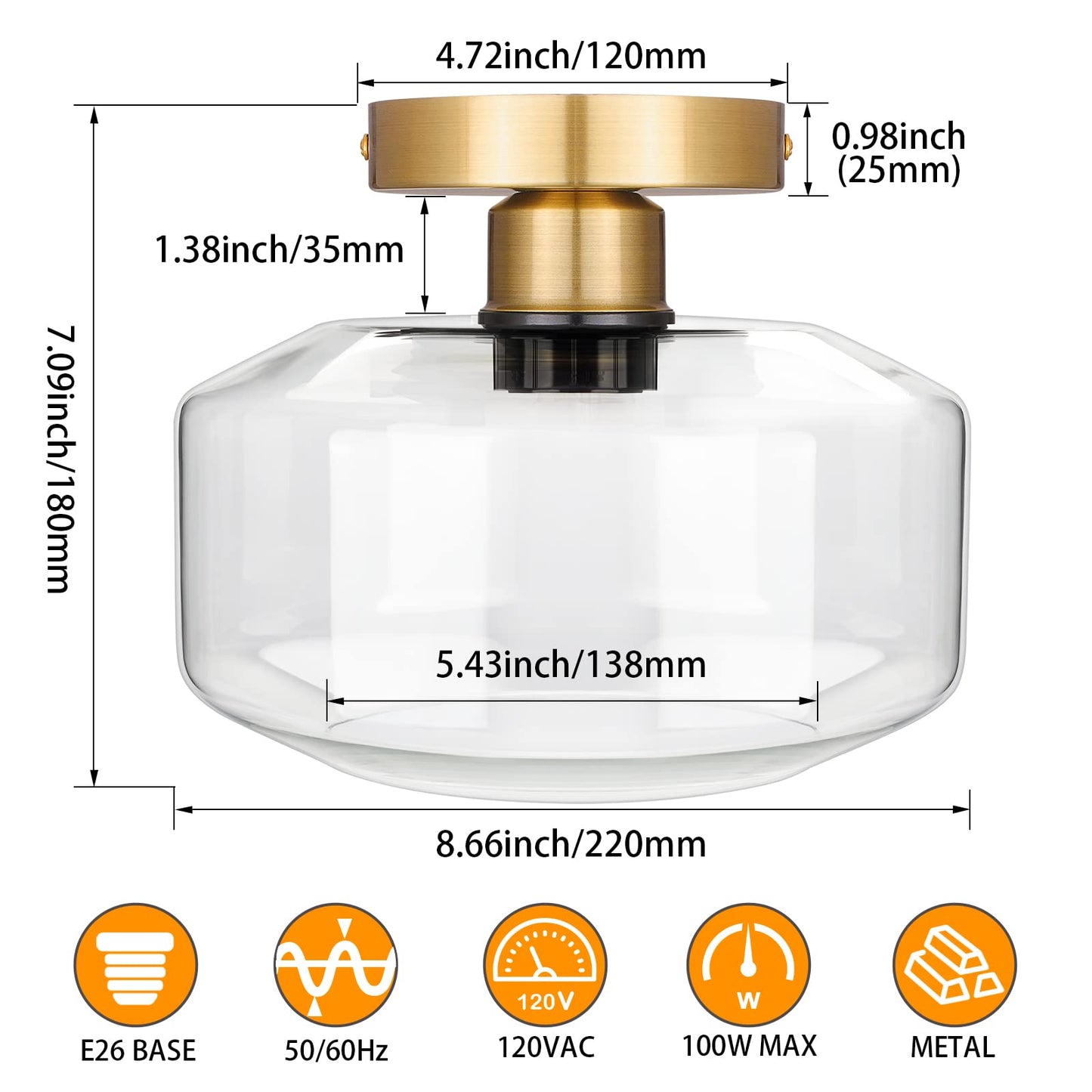 MAXvolador Industrial Semi Flush Mount Ceiling Light Gold, Clear Glass Pendant Lamp Shade, Farmhouse Lighting Hallway, Vintage Hanging Light Fixture