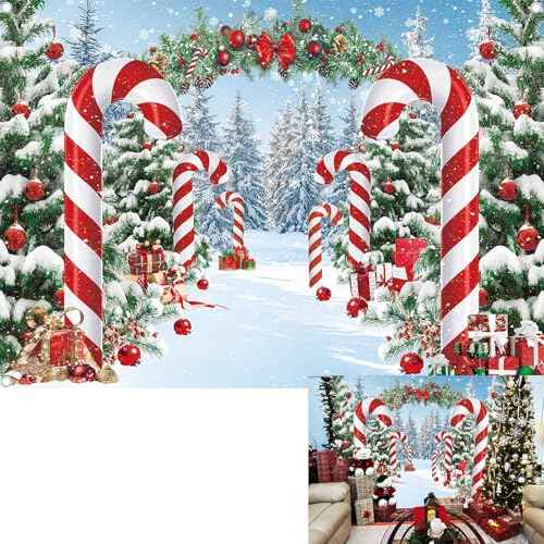 Merry Christmas Candy Cane Backdrop Winter Snowy Scene Christmas Tree Photography Background Christmas Holiday New Year Xmas Eve Family Party Decorations Banner Booth Props (7x5FT(2.1m x 1.5m))