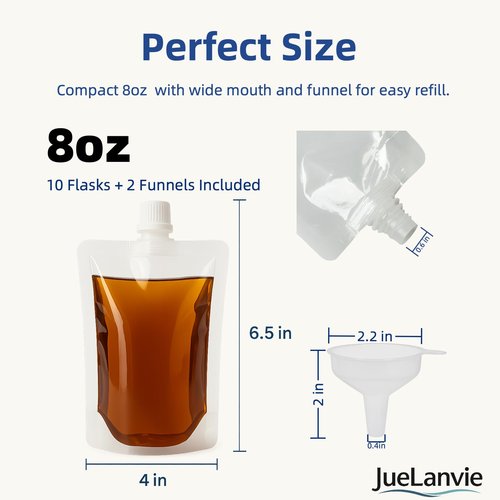 Hidden Plastic Flasks for Liquor – Reusable & Collapsible Alcohol Pouches, Leak-Proof Clear Plastic Flask for Travel, Cruise & Concerts, BPA-Free, Food-Grade, 10 Pack 8oz with 2 Funnels