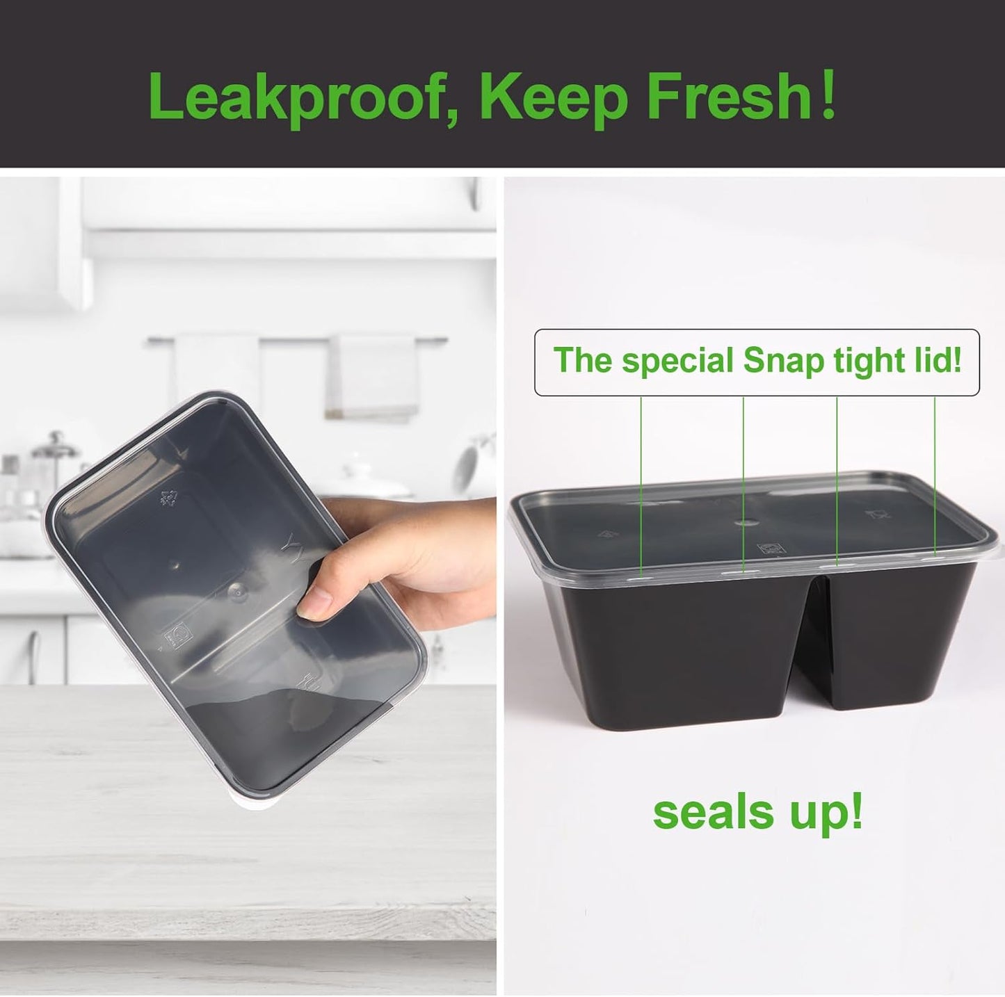 Qewro 32oz Meal Prep Containers - 50 Pack, 2-Compartment, Reusable & Disposable, Microwave Safe