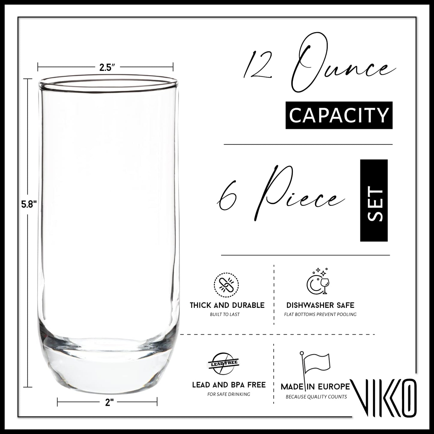 Vikko Drinking Glasses, 12 Oz Drinking Glasses Set of 6, Crystal Clear Glass Cups for Water or Juice, Highball Glass Tumbler & Water Glasses for Drinking