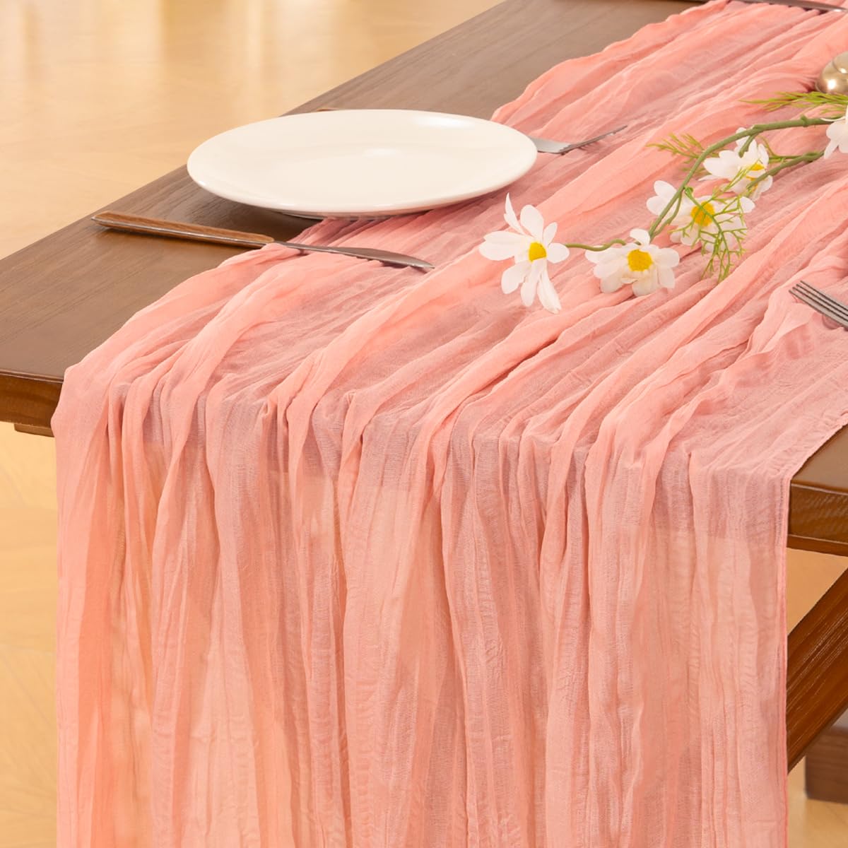 Socomi 3pcs Coral Peach Easter Spring Cheesecloth Table Runner Boho Rustic Gauze 120 inch 10FT Cheese Cloth Runner for Wedding Party Baby Shower Birthday Home Decor Holiday Decorations