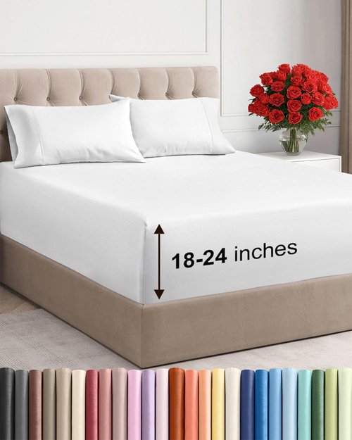 Extra Deep Queen Sheet Set by Comfy Hotel - 4-Piece Breathable & Cooling Bed Sheets - Fits 18-24 Inch Mattresses - Ultra Soft, Wrinkle & Fade Resistant - Luxurious White Bedding