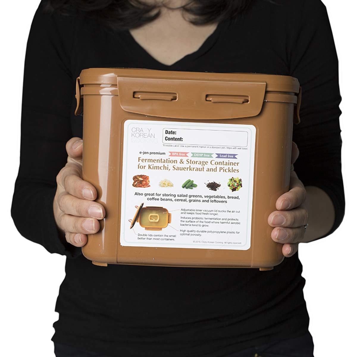 Crazy Korean Cooking Premium Kimchi, Sauerkraut Fermentation and Storage Container with Inner Vacuum Lid (0.9 Gal Sandy Brown (3.4L))