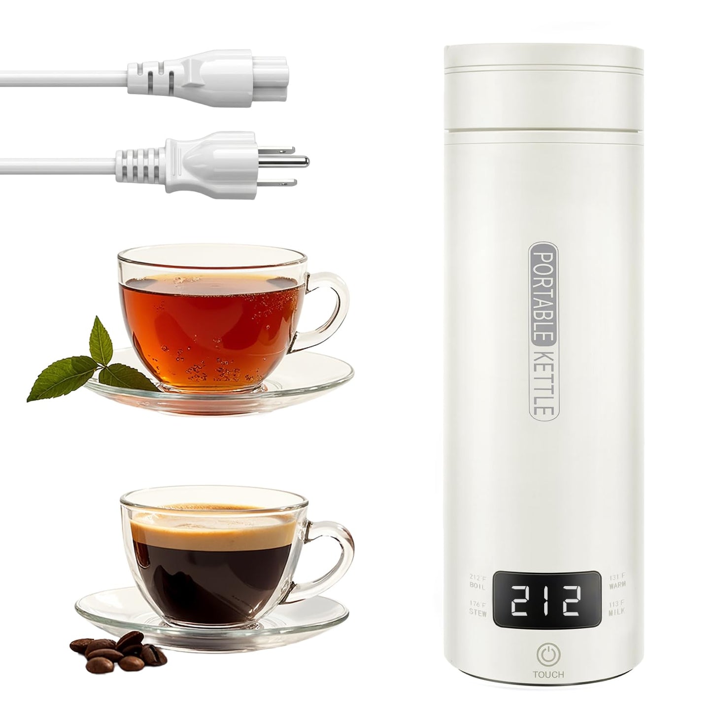 Travel Tea Kettle（120V）, Portable Electric Kettle, 316 Stainless Steel Premium Liner, 4-speed Temperature Adjustment with Auto Shut-off and Boil-Off Protection,White.