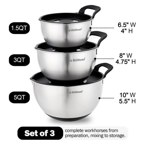 Hillbond Stainless Steel Bowls with Lids Set Mixing Bowls with Pour Spout, Silicone Handle and Non-Slip Bottoms for Baking, Metal Bowls Mixing Dishwasher Safe, Set of 3 (Black)