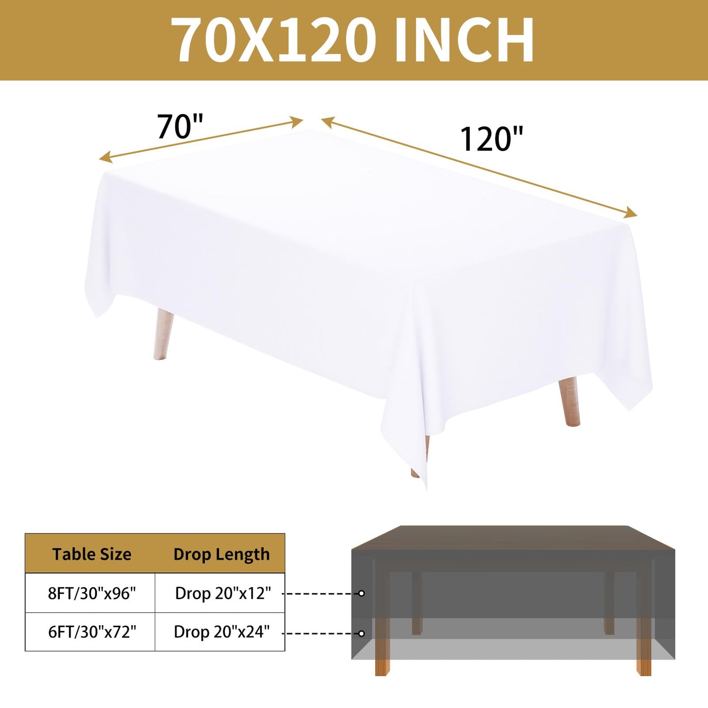 Fixwal White Tablecloth Rectangle 70 x 120 Inch, 2 Pack 6-8ft Polyester Brushed Fabric Table Cloths Rectangular Table Covers for Party, Banquet, Dining, Birthday, Wedding