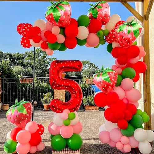 8PCS Gaint Strawberry Balloon Kit, Reusable Cute Strawberry Aluminum Foil Balloons with Straw and Ribbon, For Berry Sweet Birthday Party Decoration Weddings Baby Shower Supplies