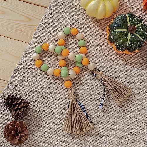 Fall Wood Bead Garland Tassels Thanksgiving Farmhouse Tiered Tray Holiday Decorations Rustic Wooden Bead Jute Rope Plaid Autumn Retro Country Home Decor for Nursery Room Vase (Green & Orange & Beige)