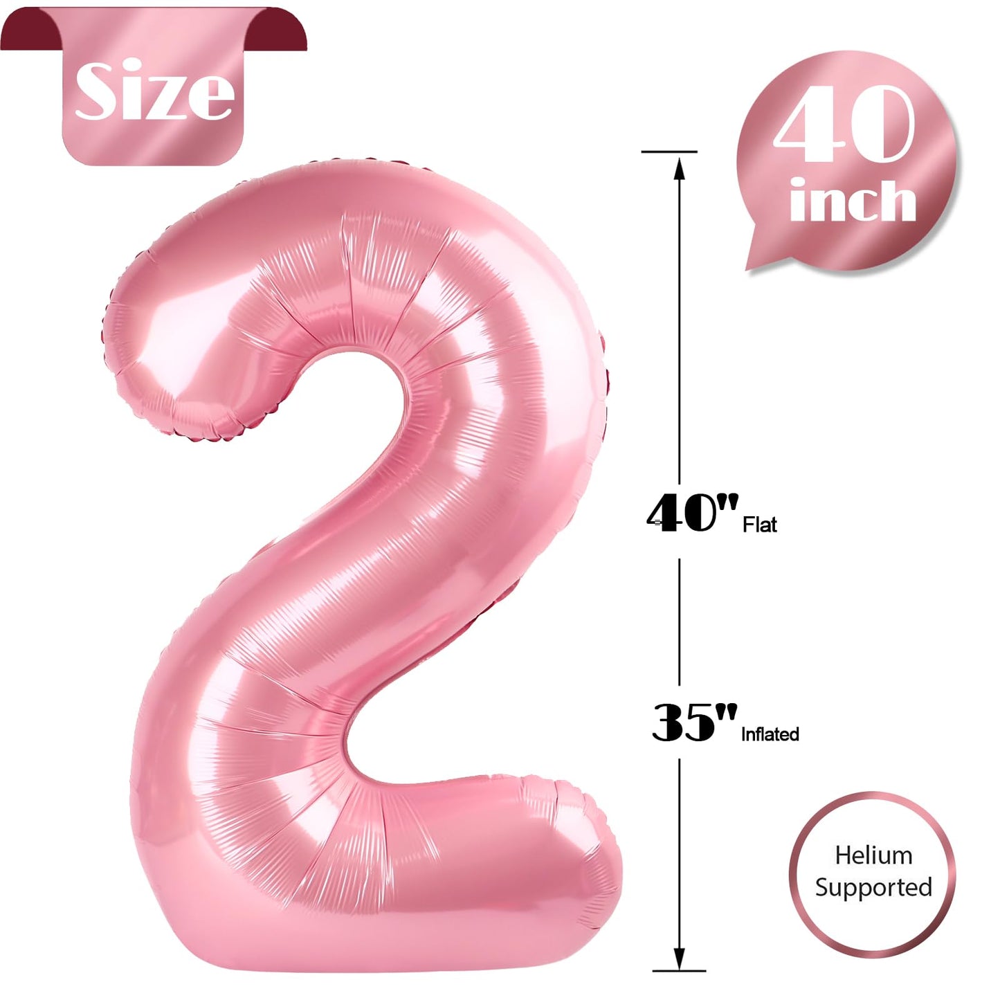 Pearlescent Pink 2 Balloon, Number Balloons 40 Inch, 2nd Balloon Number Birthday Decorations, Second Two Birthday Party Supplies, Number 2 Balloon