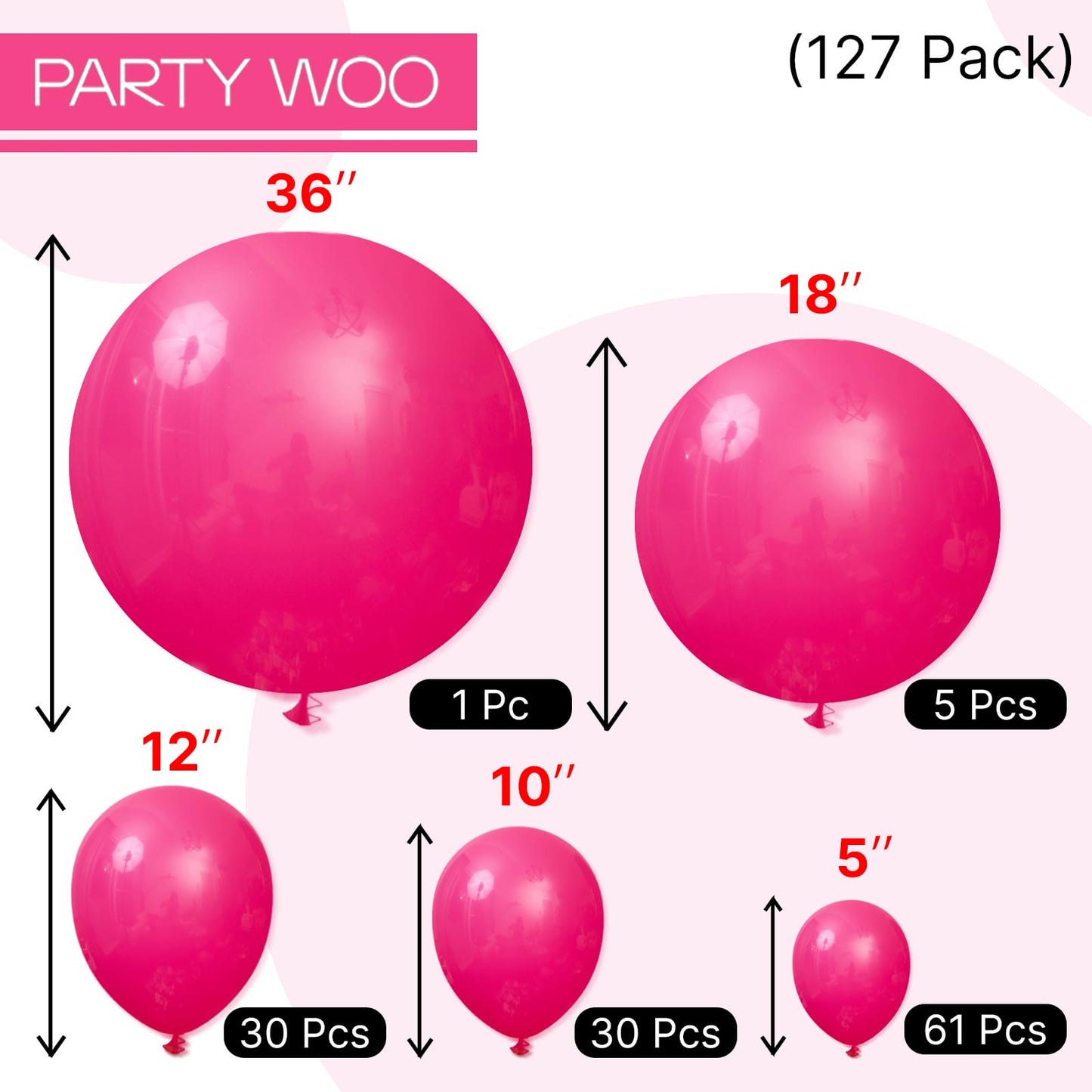 PartyWoo Hot Pink Balloons 127pcs Different Sizes of 36 18 12 10 5 Inch Magenta Fuchsia Balloon Arch Kit for Baby Shower Bachelorette Wedding Bridal Shower Birthday Party Decorations Pink-Y12