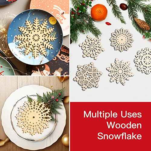 Sggvecsy Unfinished Wooden Snowflakes Ornaments, 36Pcs Christmas Tree Hanging Decoration Wood Cutouts DIY Craft Snowflake Shaped Embellishments Xmas Rustic Crafts with Twine (4 inch)