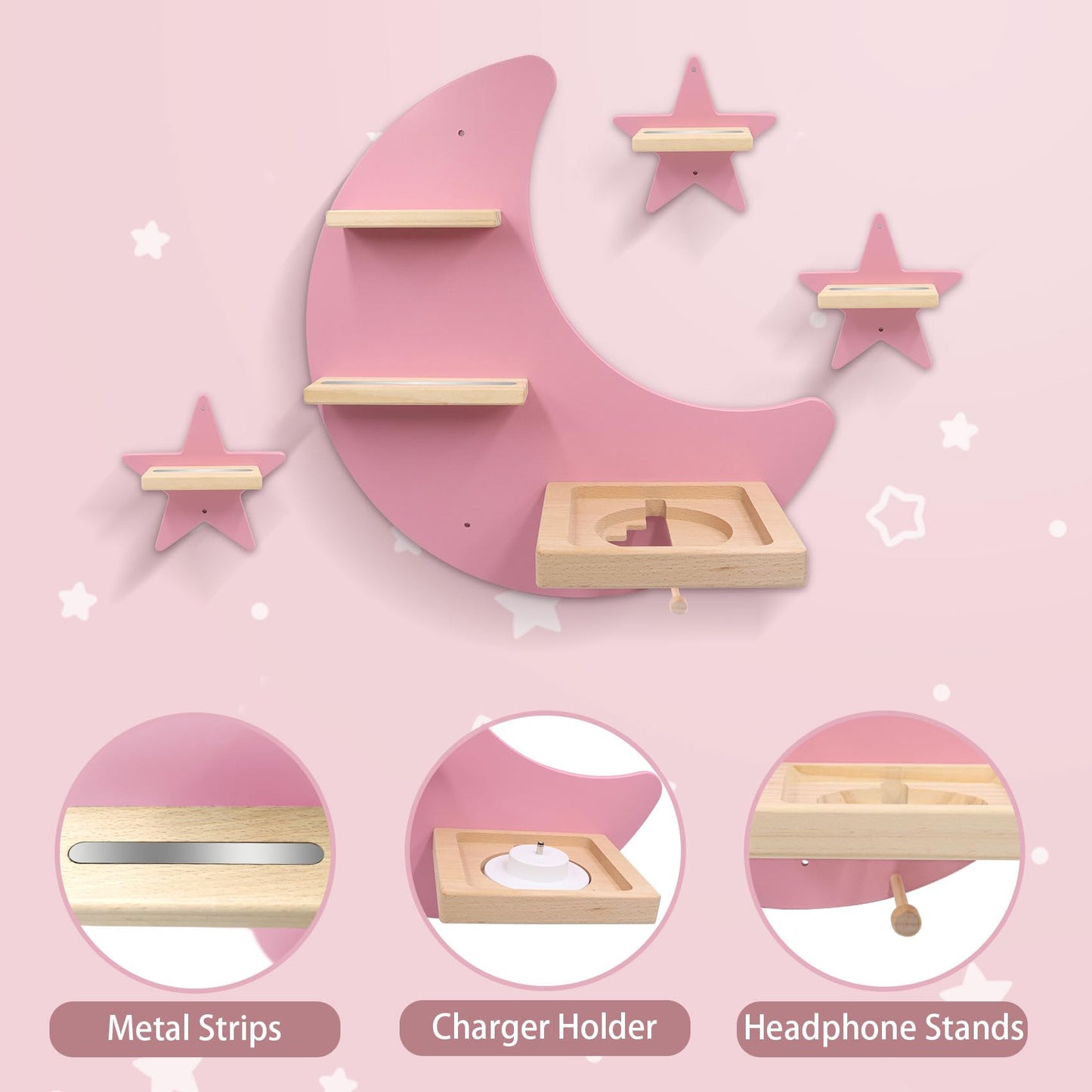 Taladad for Toniebox 2 and Toniebox 1 Tonie Shelf Wall Mounted Set of 4 (Moon and 3 Stars),Tonies Figures Tonies Storage,Magnetic Wooden Floating Shelves Compatible with Tonie Box Player Character