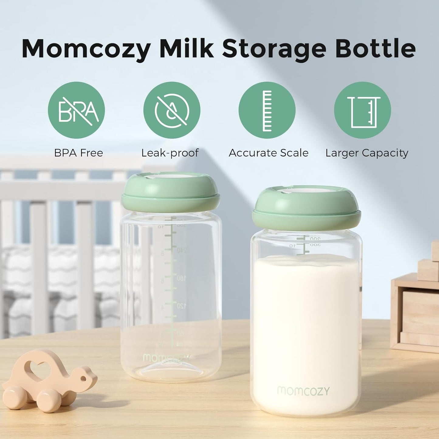 Momcozy Natural Baby Bottle - Wide-Neck, BPA-Free Milk Storage Container | 11 oz, 4-Pack for Breastfeeding Essentials