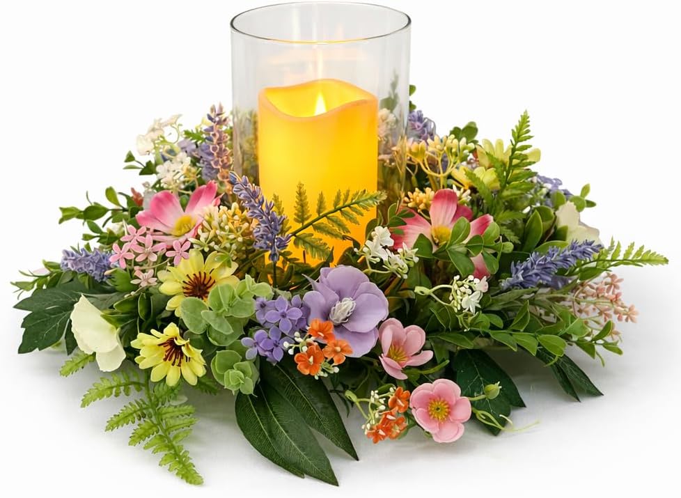 Skiennix Floral Candle Holder - Glass Hurricane with Detachable Wreath | Spring Centerpiece for Dining Table