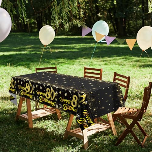 Durony Black Gold 80th Birthday Tablecloth 2 Pack, Waterproof PVC 108 x 54 in