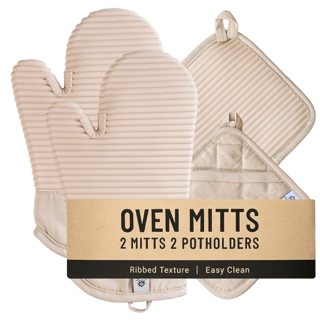 Extra Long Silicone Oven Mitts and Pot Holders Sets | Heat Resistant 500°F BPA-Free Food Grade Silicone Hot Pads & Kitchen Mittens | 4-Piece Set of Oven Gloves & Potholders for Kitchens.