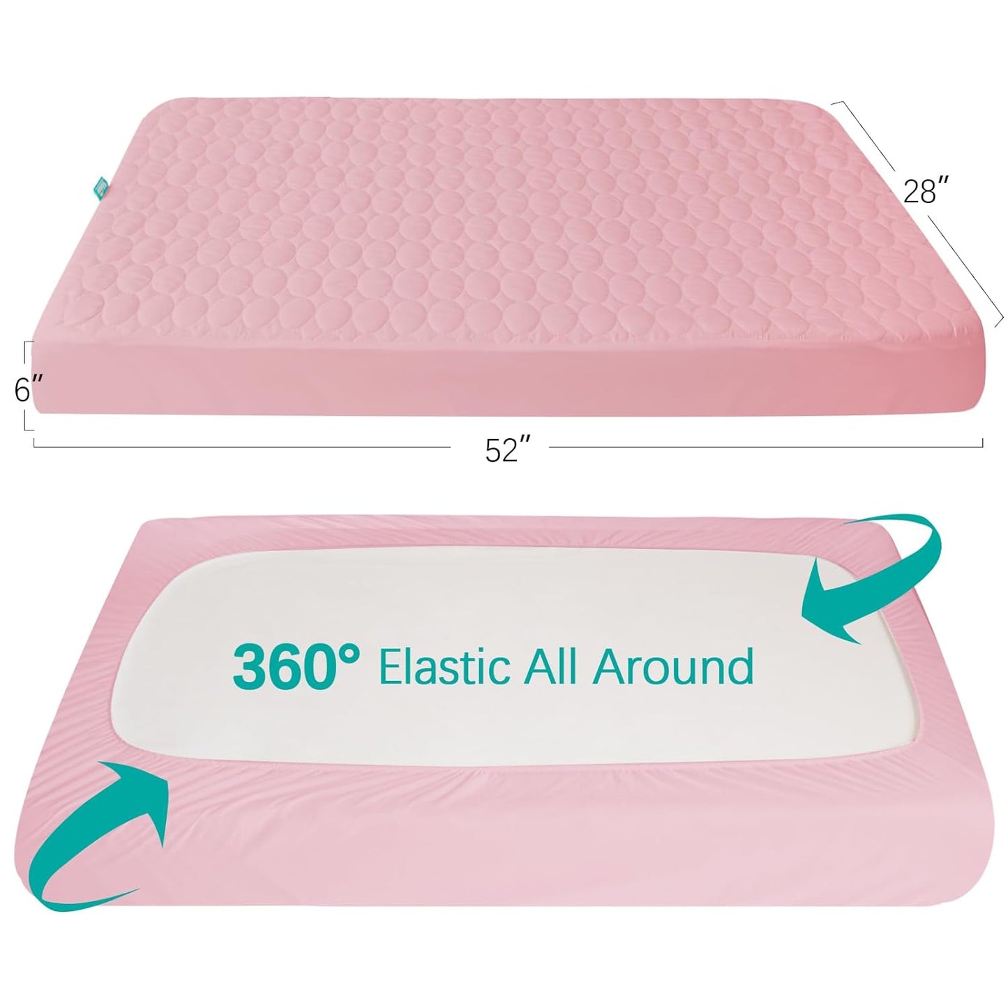 Skiennix Crib Mattress Protector Sheets - Waterproof Quilted Pad Cover for Baby & Toddler Beds | Grey & Pink, 52” x 28”