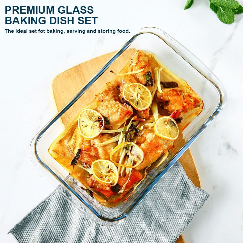 Skiennix 8-Piece Deep Glass Baking Dish Set - Rectangular Bakeware with Lids for Lasagna & Leftovers | Gray