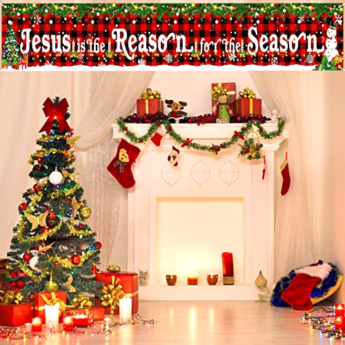 Large Jesus is The Reason for The Season Decorations Banner Holy Nativity Christmas Yard Banner Red Buffalo Plaid Religious Hanging Banner Backdrop for Xmas Winter Holiday Party Indoor Outdoor Decor