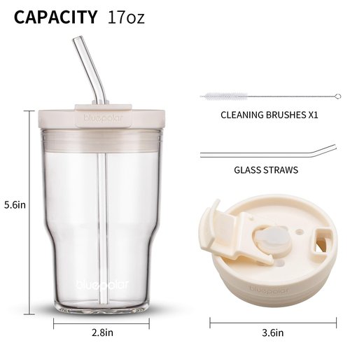 BLUEPOLAR 16oz/480ml Iced Coffee Cups With Lids And Straws,Reusable Leakproof Glass Tumbler,Water Bottles,Cold Brew,Drinking Jars For Juicing,Matcha,Tea,Smoothie For Travel,Office (Off-White)