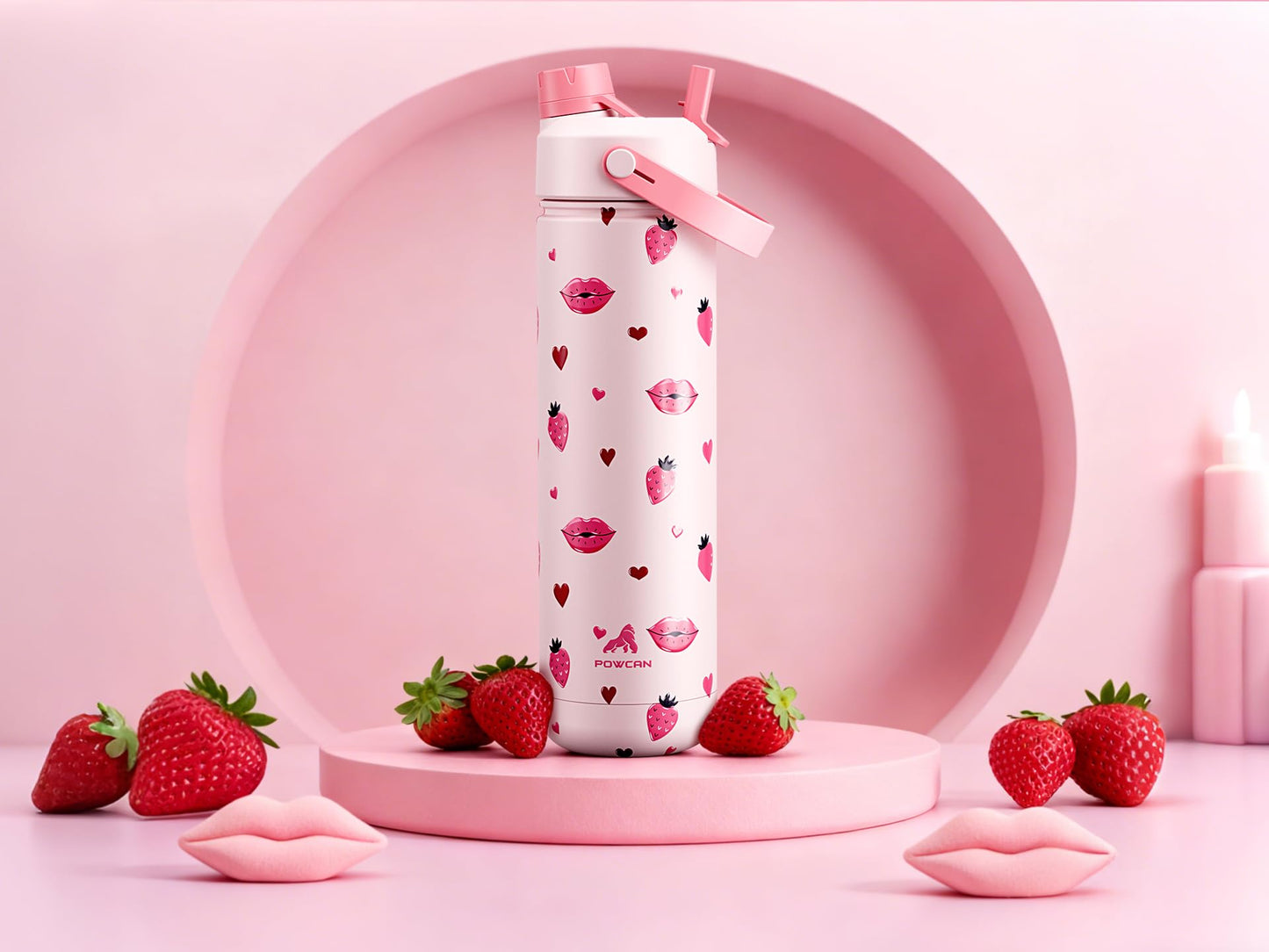 POWCAN 26 oz Insulated Water Bottle with 2-in-1 Straw and Spout Lid, Keep Cold 24H, Leak-Proof, Fits in Car Cup Holder, Stainless Steel Water Bottle for Sports, Travel, Gift and School (Kiss Me Berry)