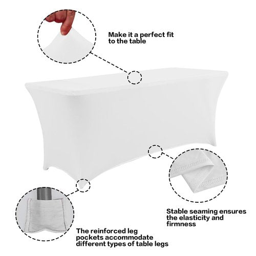 IVAPUPU 2 Pack 8FT Spring Table Cloth for Rectangular Fitted Events Stretch White Table Covers Washable Spandex Tablecloth Protector for Party, Wedding, Cocktail, Banquet, Festival
