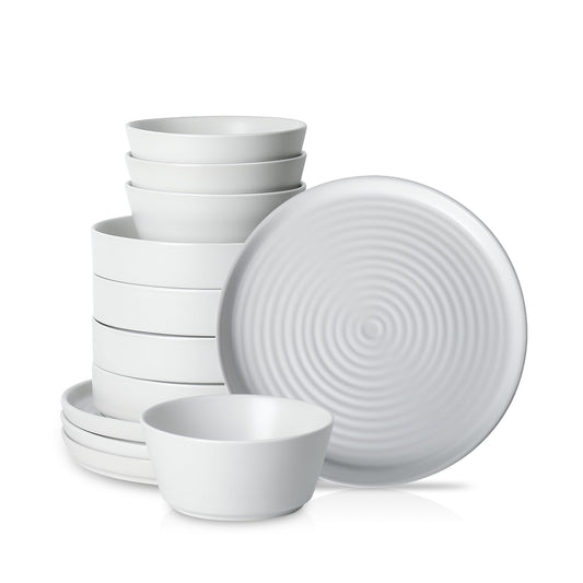 Stone Lain Elica 12-Piece Modern Dinnerware Set Stoneware, Plates and Bowl Sets for 4, White