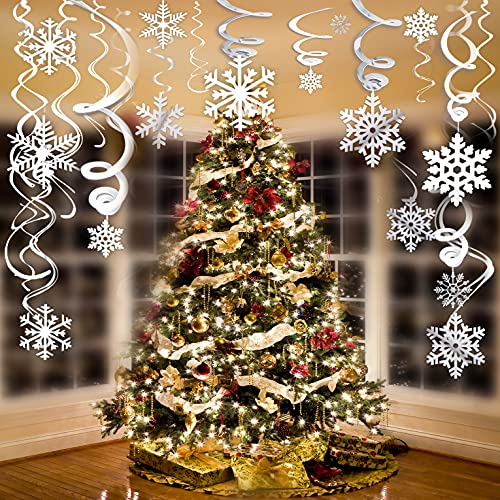 40Ct Christmas Snowflake Hanging Swirl Decorations,Christmas Hanging Ceiling Streamers Snowflake Hanging Swirls and Strings Decoration, Winter Party Wonderland Xmas Holiday Decor Supplies