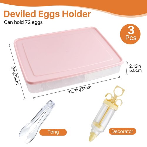 Boocalny 3 Pcs 72 Count Deviled Egg Containers with Lid, Portable Storage Carrier Egg Holder with Deviled Egg Injector, Stackable Deviled Egg Tray Plastic Egg Organizer for Fridge Easter Party