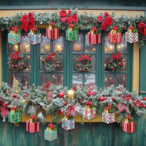 16 Pcs Christmas Tree Mini Gift Boxes - Colorful 8 Styles with Bells & Berries (2 each)