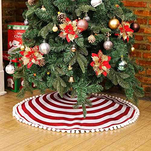 HOHOTIME Christmas Tree Skirt, Red White Annual Rings 30 Inch Tree Skirt with Pom Pom Trim for Holiday Party Xmas Natural Rustic Tree Skirt for Holiday Home Decor