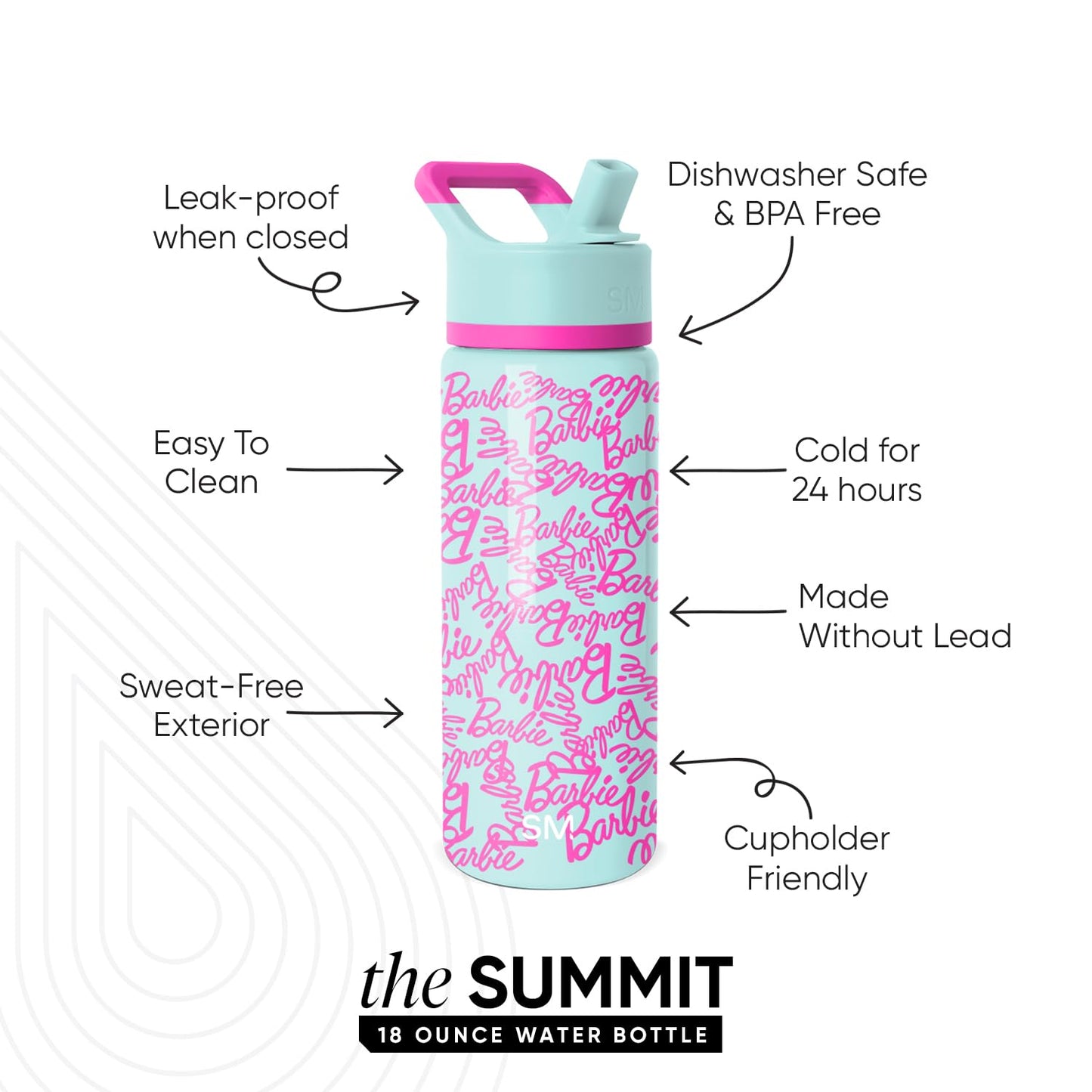 Simple Modern Kids Summit Water Bottle with Straw Lid | Mattel Barbie 18oz Stainless Steel Cup Insulated Tumbler for Girls, School | Barbie Cursive