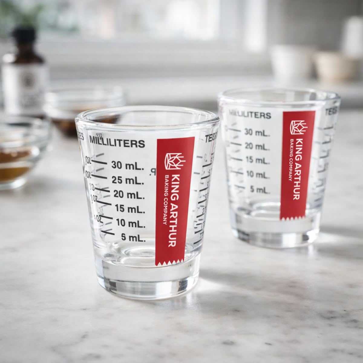 King Arthur Baking Company Mini Measure Multi-Purpose Shot Glass, Heavyweight Glass, Black, Set Of 2, For Liquid And Dry Ingredients And Precise Recipe Prep