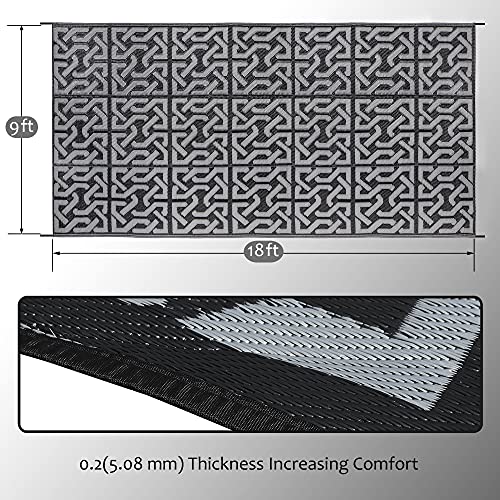 SAND MINE Reversible Plastic Straw Rug - 9' x 18' Black & Grey Outdoor Floor Mat for Patio, RV, Beach, Camping