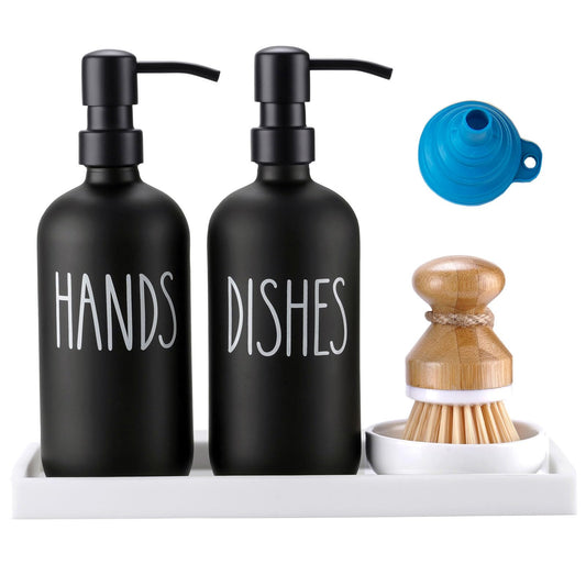 Glass Soap Dispenser for Kitchen Sink,Farmhouse Kitchen Dish Soap Dispenser&Hand Soap Dispenser Set,Rustproof Pump Soap Dispenser Set with Tray and Dish Brush,Kitchen Decor（Black）