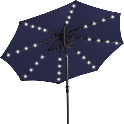 JEAREY 9FT Outdoor Patio Umbrella - LED Lighted with Solar Lights & Tilt Crank - Navy Blue