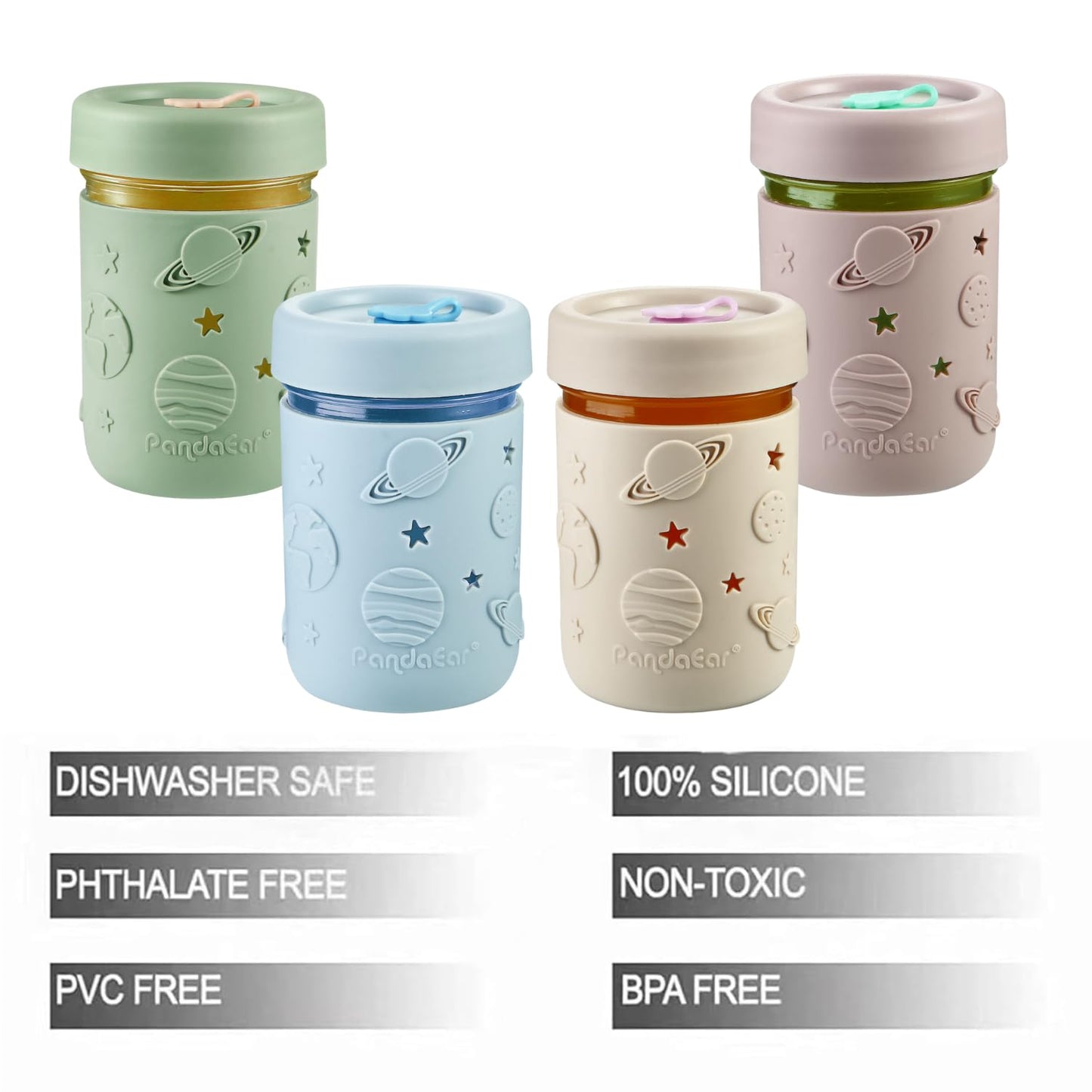 PandaEar 4 Pack Kids & Toddler Glass Cups, Glass Mason Jar Cups 8.45 oz with Silicone Sleeves & Straws, Toddler Spill-Proof Smoothie Cups for Children Ages 3+