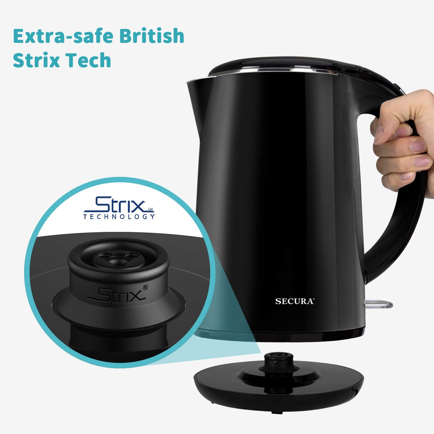Secura Original Stainless Steel Double Wall Electric Water Kettle 1.8 Quart with Auto Shut-Off & Boil-Dry Protection, Black Onyx SWK-1701DA/HB-3227B