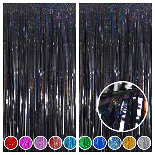 Melsan Halloween Party Decorations Tinsel Backdrop Streamers, Black Foil Fringe Curtains 3.2 ft x 8.2 ft for Halloween New Year Graduations Party Photo Booth Props Decorations, 2 Pack