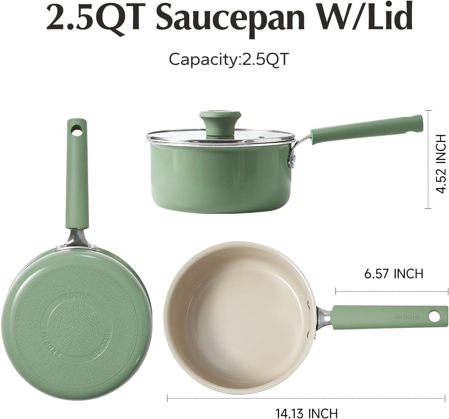 Redchef Ceramic Nonstick Saucepan - 2.5QT Small Cooking Pot with Lid | PFAS-Free, Cool Handle, Green
