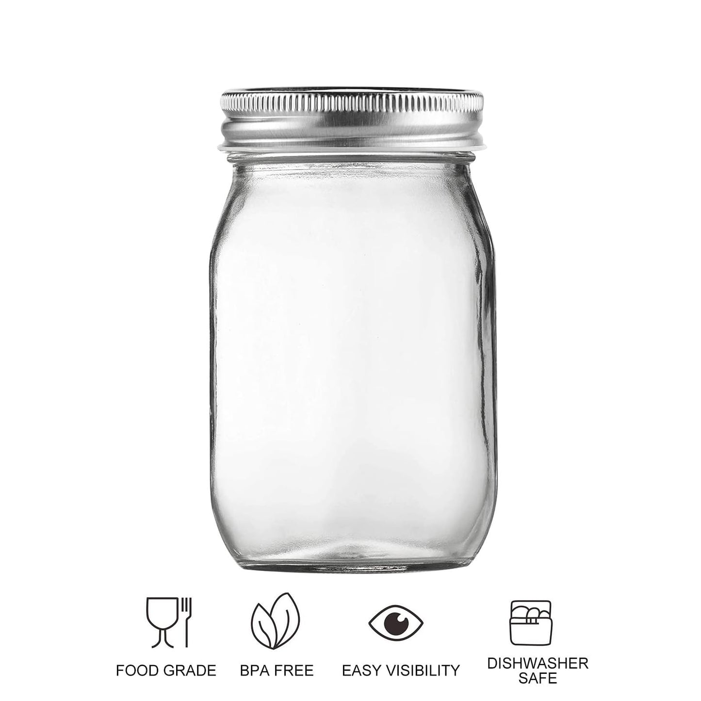 BEWAVE Glass Mason Jars, 16oz Clear Glass Jars with Lids for Sealing, Regular Mouth Canning Jars for Food Storage, Snacks, Candies, DIY Projects, 4 Pack