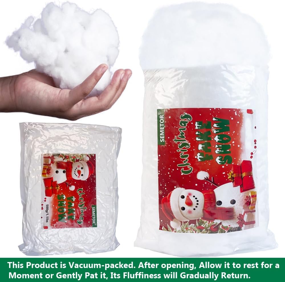 Skiennix Christmas Fake Snow Decor - 1LB Hypoallergenic & Flame-Resistant Artificial Snow Cotton | Easy Fluffing for Winter Decorations