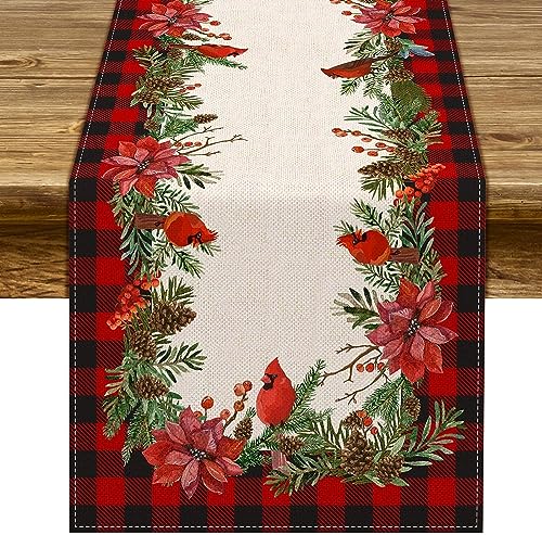 Christmas Cardinal Table Runner 13x90 inches Buffalo Plaid Holiday Decor