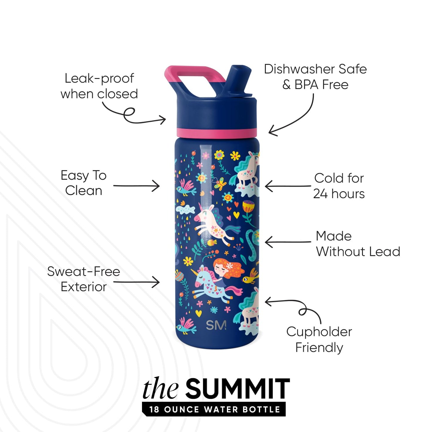 Simple Modern Kids Summit Water Bottle with Straw Lid | 18oz Stainless Steel Tumbler for Toddlers, School | Unicorn Rainbows