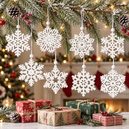 White Wooden Snowflake Christmas Ornaments for Xmas Tree Hanging