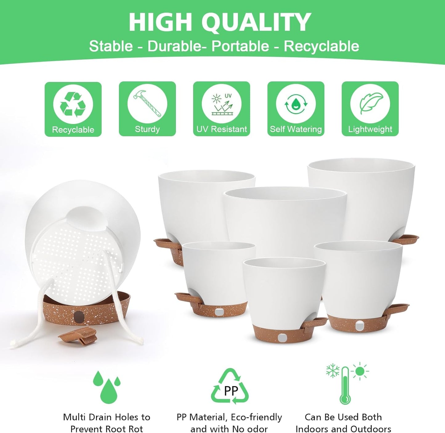 Skiennix Self-Watering Planter Set - 6 Pack of Modern Flower Pots with Visual Water Level | 8-5.5 Inch White