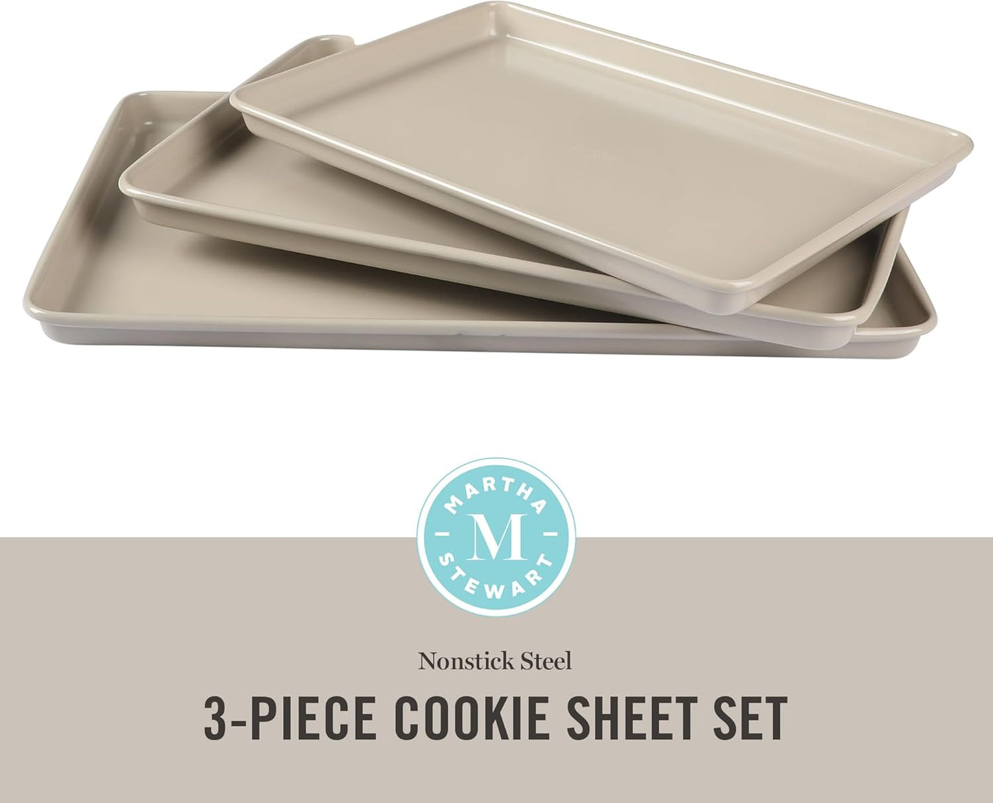 Martha Stewart Gallen 3-Piece Cookie Sheet Set | Nonstick Ceramic Baking Pans - 13", 15", 17", Taupe