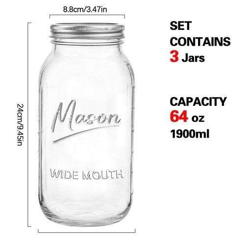 Galssmagic 64 oz Mason Jar Wide Mouth,3 Pack Large Half Gallon Mason Jars with Airtight Lid,Big Glass Jars for Canning,Pickling,Fermenting,Storing