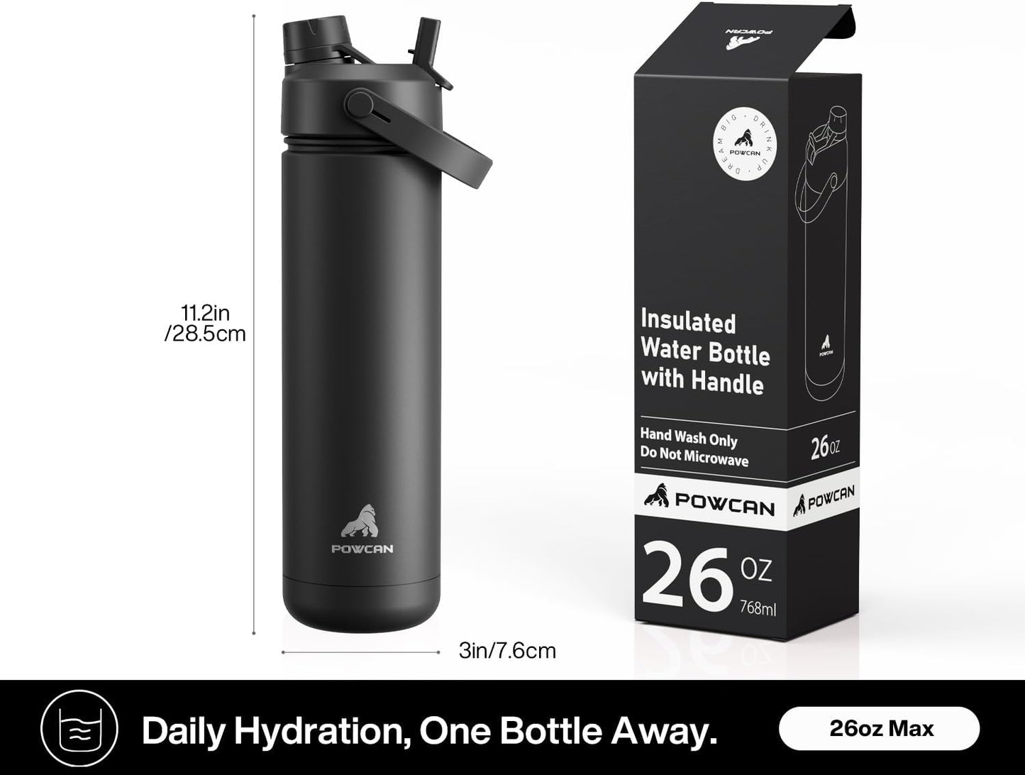 POWCAN 26 oz Insulated Water Bottle - 2-in-1 Straw & Spout Lid | Keeps Drinks Cold 24H, Leak-Proof, Dark Knight